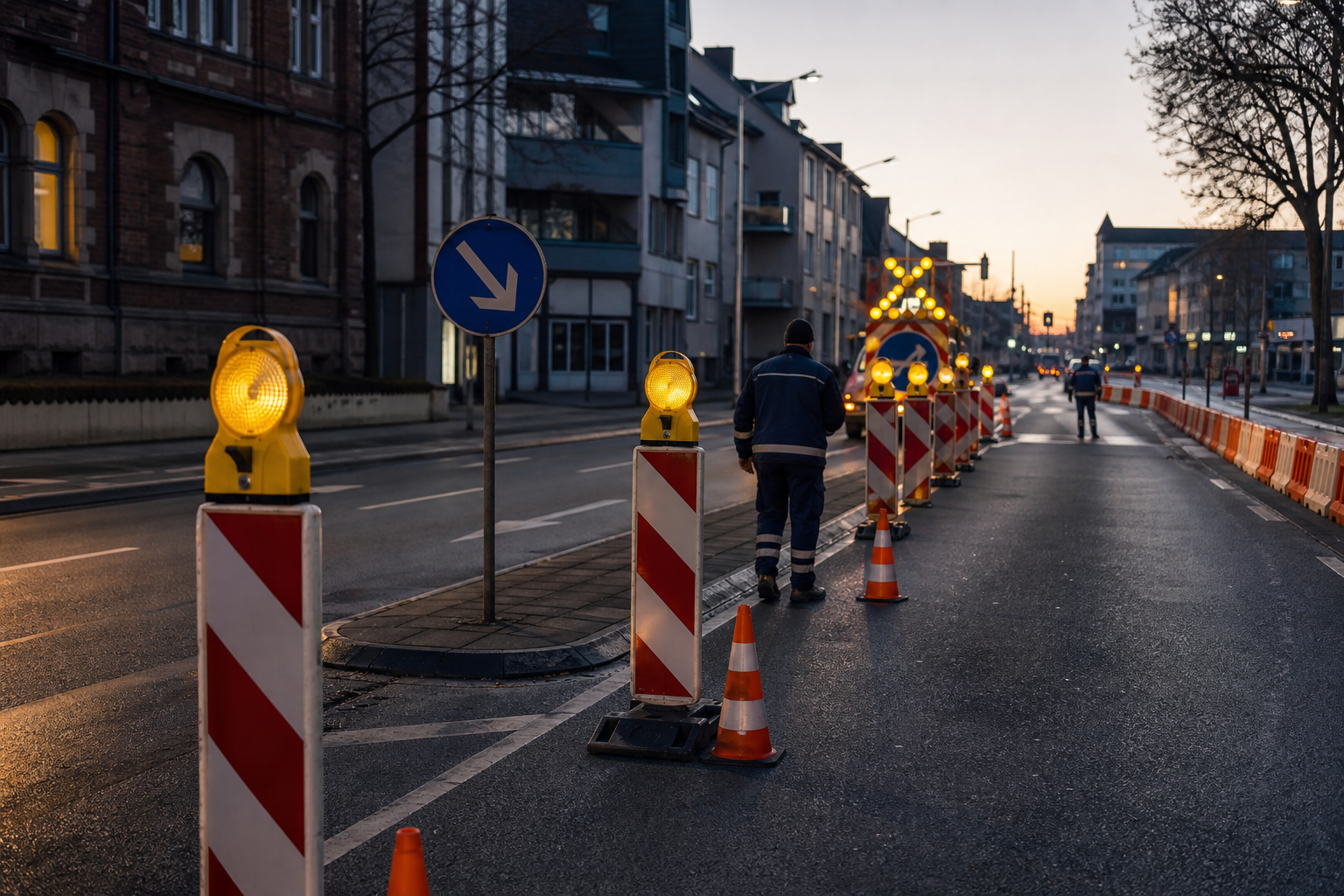 Professionell eingerichtete Verkehrssicherung in einer Stadt
